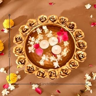 ascension Flower Decorative Urli Bowl for Home Decor with Rose Design for Floating Flowers and Tealight Candles Home Table | Diwali Decoration Items for Pooja Room