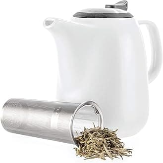 Tealyra - Daze Ceramic Large Teapot White - 47-ounce (6-7 cups) - With Stainless Steel Lid Extra-Fine Infuser for Loose Leaf Tea - 1400ml