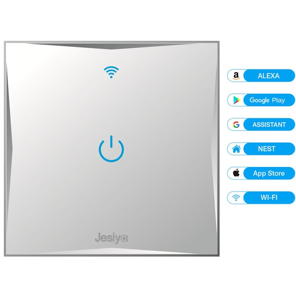 Smart Home Wall Light Switch, WIFI Touch Sensitive, Glass Finish Remote Control Lights,Compatible with Alexa Echo/ Google Home, support Android and IOS APP ( Need Neutral Wire ) (1 Gang, Silver)