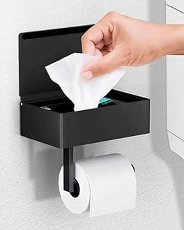 Day Moon Designs Toilet Paper Holder with Shelf - Flushable Wipes Dispenser & Storage Fits Any Bathroom, Keep Your Wet Wipes Hidden - Stainless Steel Wall Mount Bathroom Organizer - Matte Black, Large