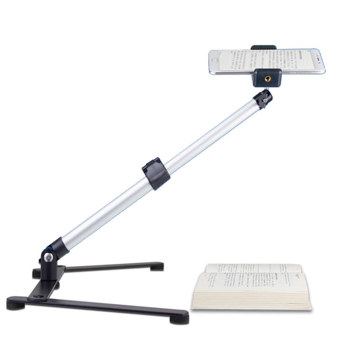 Ajustable Webcam Tripod with Cellphone Holder, Overhead Phone Mount, Table Top Teaching Online Stand for Live Streaming and Online Video and Food Crafting Demo Drawing Sketching Recording (Black)