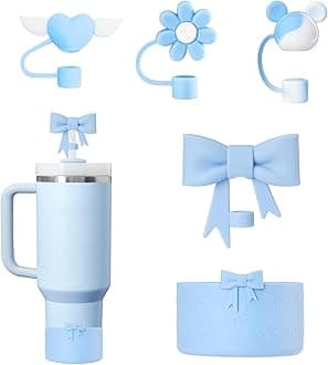 Stanley Tumbler Accessories Set Including 4 Pcs Siliocne Straw Covers Toppers Caps for 10mm/0.4 in Straws,1 Pcs Siliocne Boot for Stanleys Cup 40oz 30oz 20oz- Blue