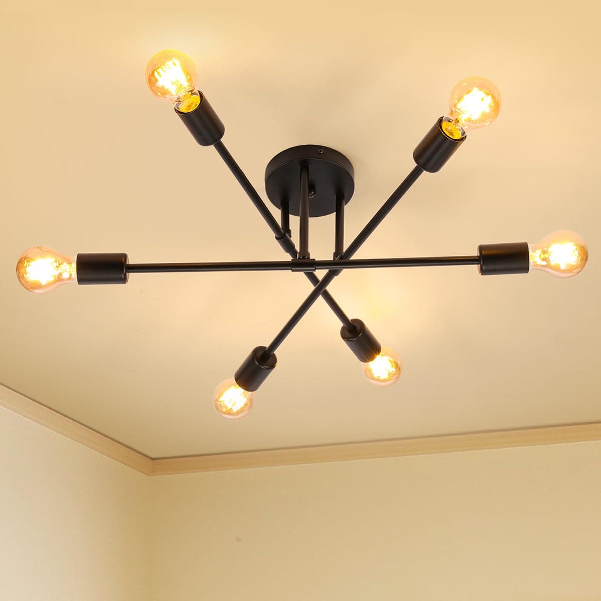 Sputnik Ceiling Light, Ceiling Lights Fittings with E27 Base, Black Modern Chandelier for Farmhouse Kitchen Dining Room Bedroom Study Living Room(No Blub),Adjustable 6 Light, 54.00 * 54.00 * 19.30 cm