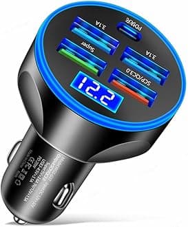 5-in-1 Multi-Port USB C Car Phone Charger with Voltage Display, 250W Super Fast Charge Cigarette Lighter USB Charger for iPhone/Android/Samsung/iPad Pro and More (Black)