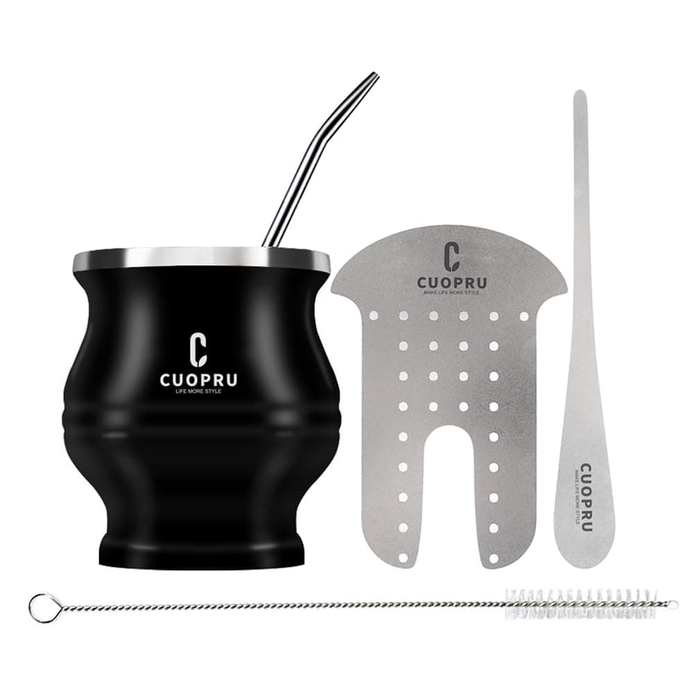 Cuopru Yerba Mate Cup - Mate Gourd Set Includes Double Walled Stainless Steel Tea Cup, Tea Shaper set, Bombilla Straws, Cleaning Brush