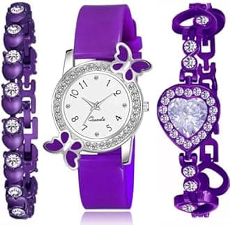Acnos® Premium White Dial Diamond Pink Analog Watch Love Heart Diamond Bracelet for Girls Best Design Butterfly Combo 3 Pack of 3, Purple, Classic