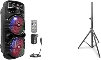 Pyle 600W Bluetooth PA System Bundle With Universal Stand - Portable Karaoke Party Speaker With Flashing Lights, Wireless Streaming, Rechargeable Battery