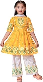 NEW JON Girl's Ethnic Kurta and Straight Pant Set with Silky Dupatta