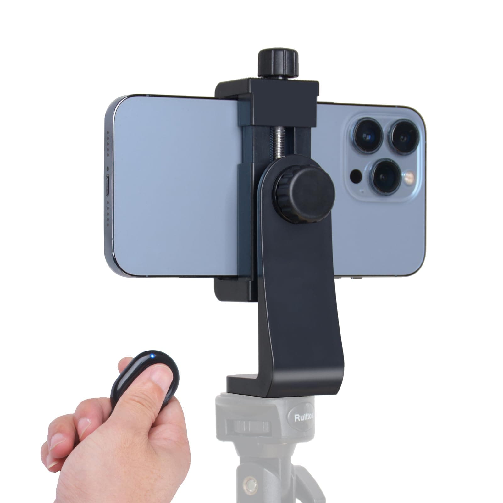 - Ruittos Phone Tripod Mount Adapter with Camera Remote Controller, Cell Phone Holder Clip with Adjustable Clamp Compatible with iPhone, Samsung, HTC, Huawei etc., Include Wrist Strap