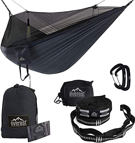 Everest Double Camping Hammock with Mosquito Net | Bug-Free Camping, Hiking, Backpacking & Survival Outdoor Hammock Tent | Reversible, Integrated, Lightweight, Ripstop Nylon | Black/Net Black