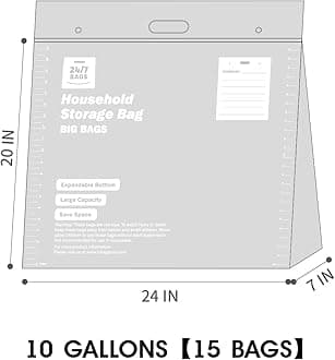 24/7 BAGS 15 XX-Large Plastic Storage 10 Gallons, Zero BPA, Double Zipper Seal, 3 Mils Thick, Double Layer Carry Handle, 24"x20"x7", Moving, Seasonal, Travel
