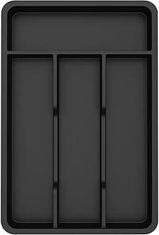 Silverware Drawer Organizer Tray, Plastic Cutlery Storage for Kitchen, Flatware and Utensil Holder Divider for Spoons Forks Knives Tableware, 7.8 x 12.4", 4 Slots, Black