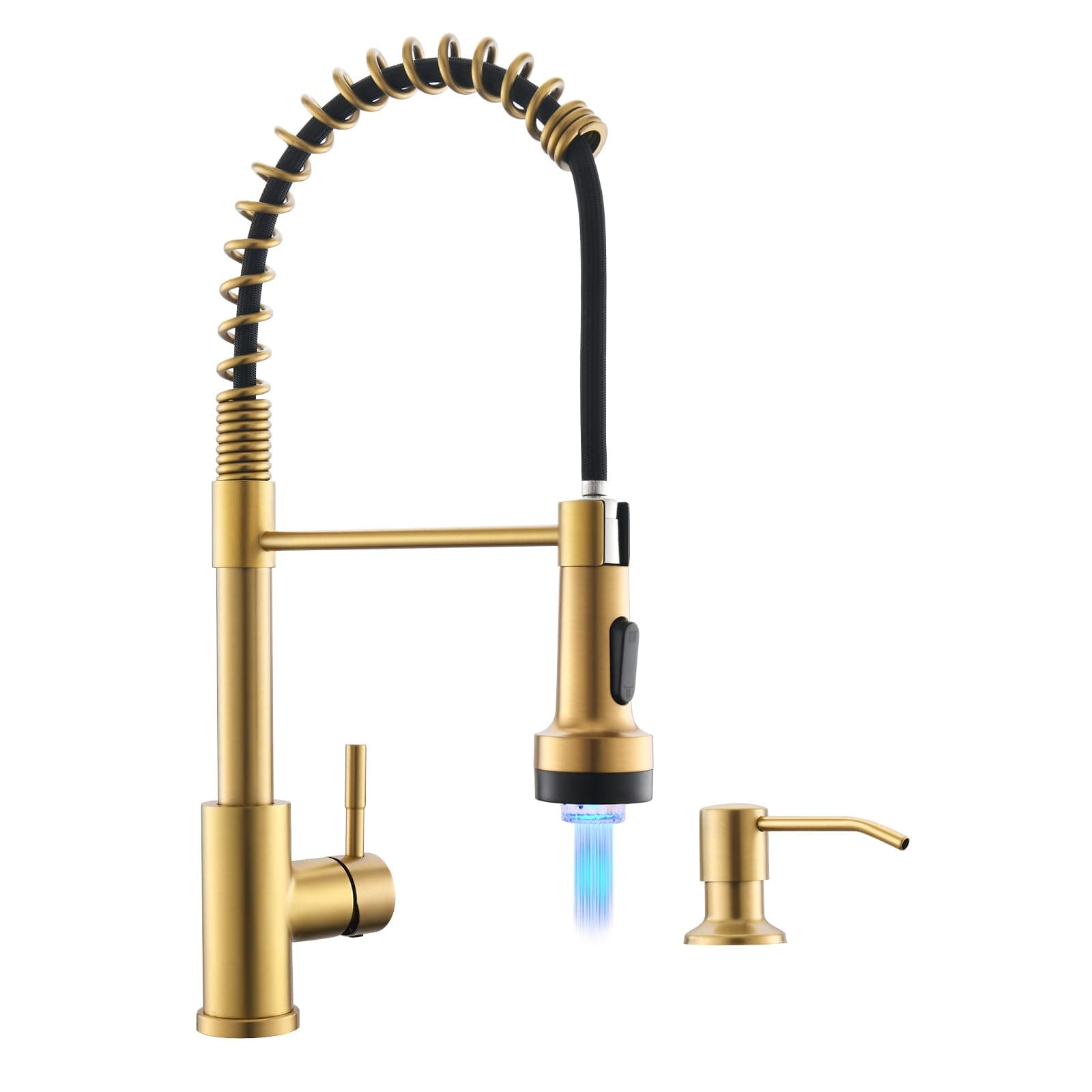 Gold Kitchen Faucet with Soap Dispenser Single Hole Pull Down Sprayer LED Faucet, Suitable for Farmhouses, RV, Laundry Room, Outdoor, and Campers. Llave para fregadero de cocina