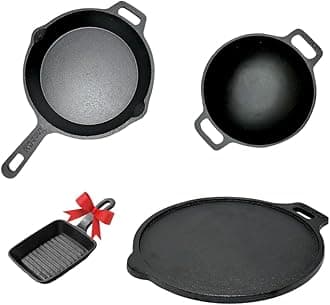 7 Layer Pre-Seasoned Cast Iron Cookware Set + Free Mini Grill Pan| Tawa (27 cm)+ Kadai (22cm /1.4L)+ FryPan (26 cm .5L) Kitchen Cooking Combo Pots & Pans Set of 4 Pcs, Black