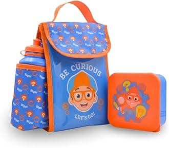 HOX Blippi 3 Piece Lunch Bag Set for Kids | School Set with Insulated Lunch Bag, 400ml Water Bottle and Snack Pot | Carry Bag with Bottle Holder
