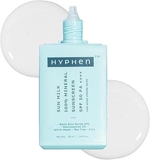 Hyphen SUN MILK 100% MINERAL SUNSCREEN SPF 50 PA++++ UV+ Bluelight Protection, 25% Nano Zinc Oxide | In-Vivo Certified | Sensitive, Acne Prone & Oily Skin, Water Resistant Sun Protect | Water , Korean Sunscreen for Oily, Dry Skin | Removes Excess Oil and Dirt | For women and men - 50 ml