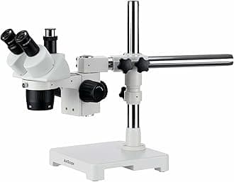 AmScope SW-3T24Z Trinocular Stereo Microscope, WH10x Eyepieces, 20X/40X/80X Magnification, 2X/4X Objective, Single-Arm Boom Stand, Includes 2.0x Barlow Lens