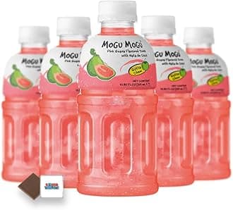 Mogu Mogu Flavored Drinks 6x320ml, PINK GUAVA - Nata De Coco Juice - Refreshing Taste - Fun Drinking During Hot Summers Or Take Them On Trips & Picnics Boxed Treatz