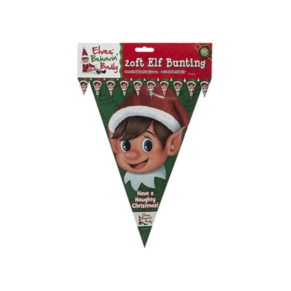 Elves Behaving Badly Triangular Bunting | Elf Design | 20 ft | White and Red | Pack of 2