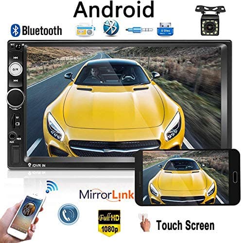 Camecho Android Double Din Car Stereo with 7'' HD Touch Screen Head Unit GPS FM Bluetooth USB Radio Support iOS/Android Phones Mirror Link + 12 LEDs Backup Camera (1G)