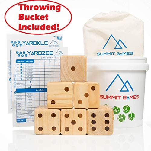 Summit Games Giant Yard Dice Set with Throwing Bucket - Includes 6 Wooden Dice (3.5"), Throwing Bucket, 2 Scorecards and Cloth Carrying Bag - Fun Indoor and Outdoor Family Games