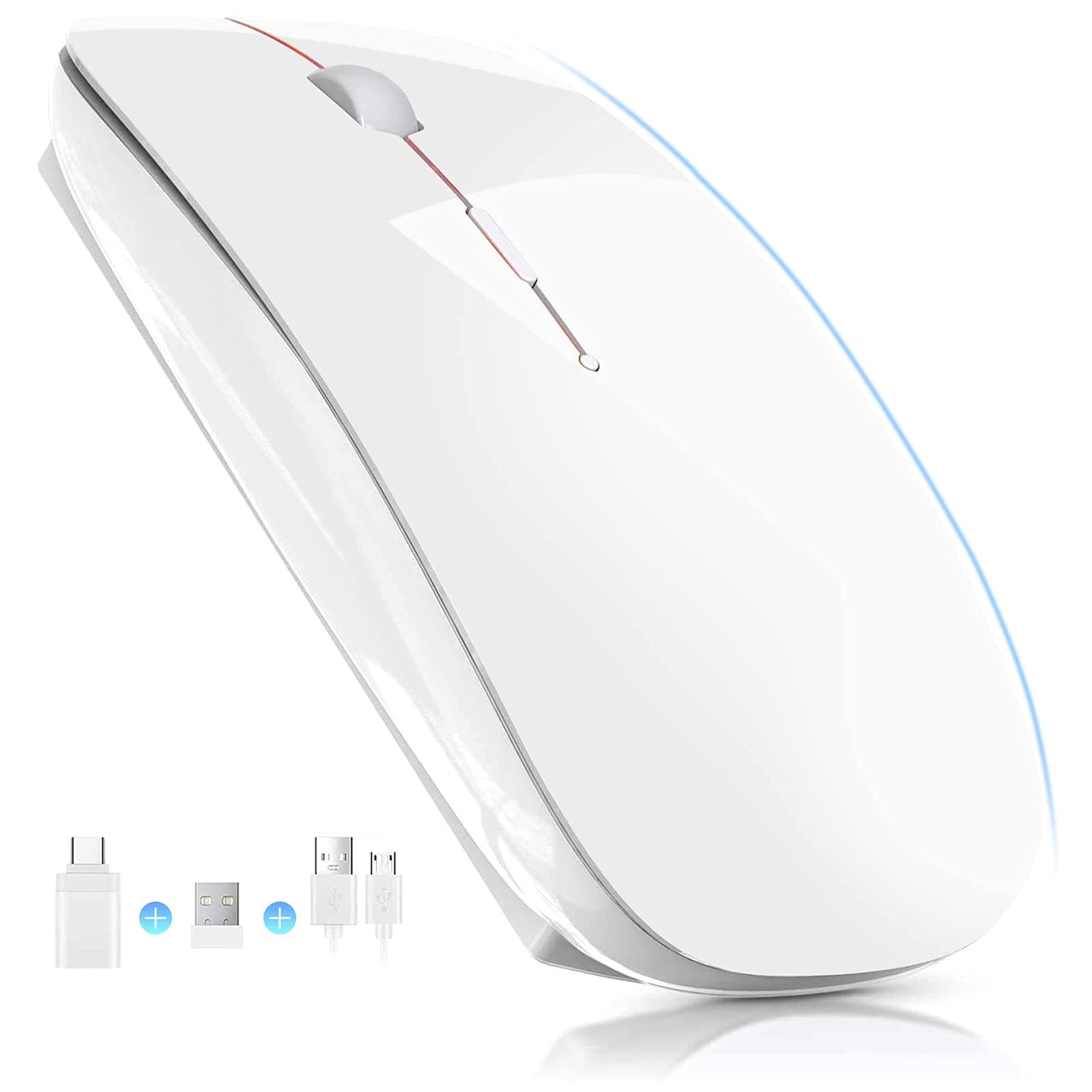 Mouse 2.4 G Wireless Rechargeable Optical Mouse, Silent Click with USB Receiver and Type-c Adapter 3 Adjustable DPI Computer Mouse, Ideal for Laptops (White)