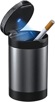 Ashtray with Lid,Smokeless Ashtray for Cup Holder Smell Proof,Detachable Stainless Steel Car Ash Tray with LED Auto Light, for Most Car, Office, Home (Grey)