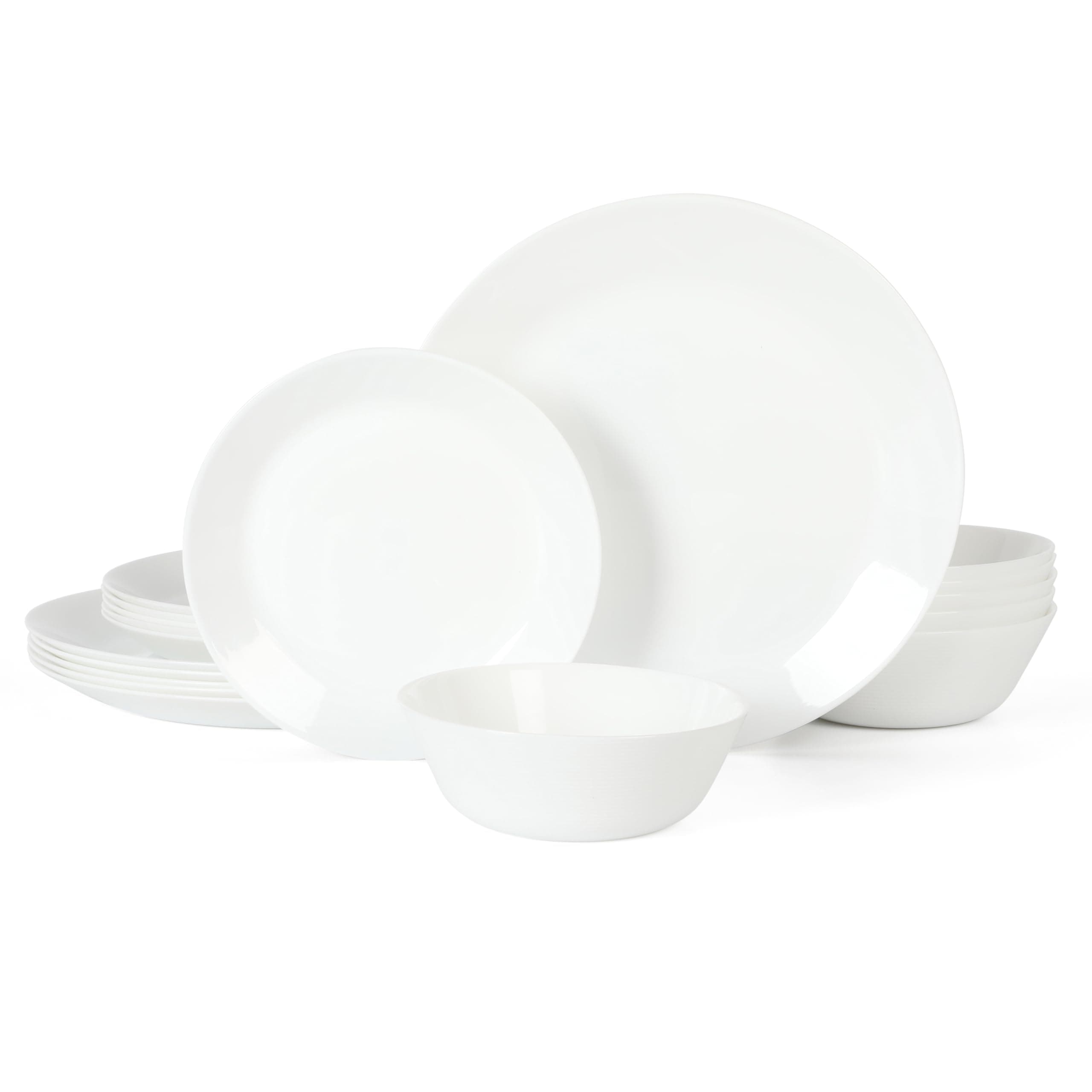 Opalton 18-Piece Dinnerware Set – Chip and Break Resistant Opal Glass Plates and Bowls, Lightweight White Dinner Set for 6, Microwave and Dishwasher Safe