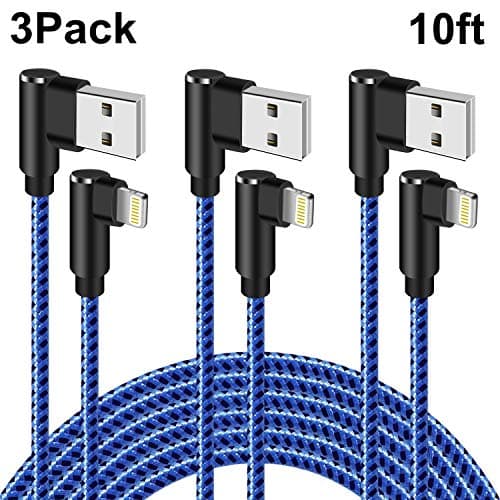 Otisan 90 Degree iPhone Charger Cable 10FT Lightning Cable Right Angle iPhone Charger Braided Syncing and Charging Cord Compatible with iPhone X/XS/XSmax/XR/8/7/6/iPad (Blue Black, 10ft)
