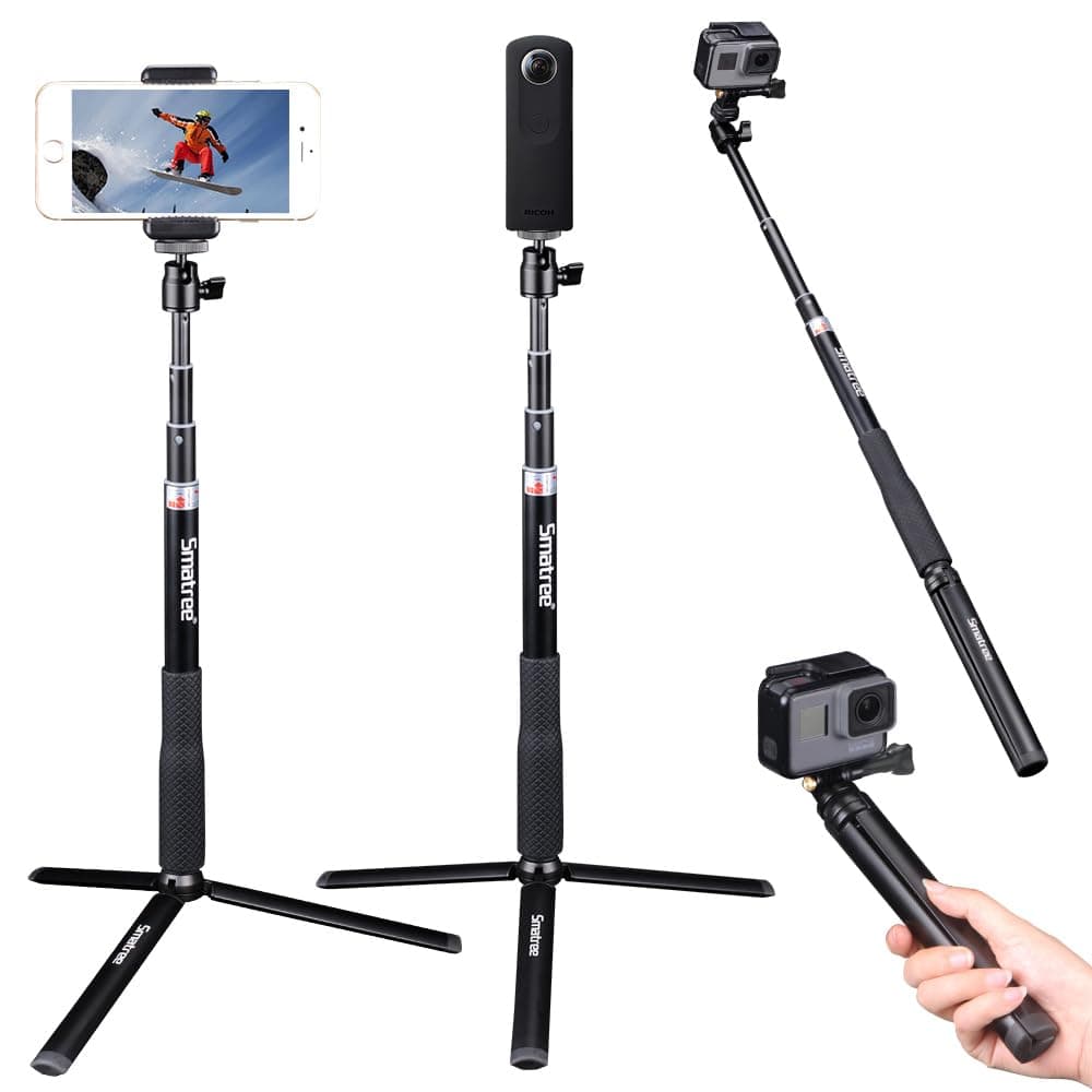 Smatree Telescoping Selfie Stick with Tripod Compatible for Insta360 X5, for GoPro Hero 13/12/11/10/9/8/7/6/5, for OSMO 5 Pro/4/3/Ricoh Theta, Compact Camera and Phone