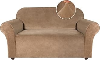 Turquoize Velvet Loveseat Covers Stretch Love Seat Couch Covers for 2 Cushion Couch Velvet Sofa Cover with Non Slip Elastic Bottom Furniture Cover Crafted from Soft Fabric (Loveseat, Camel)