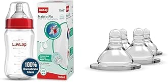 Natura Flo Wide Neck Glass Feeding Bottle, 150ml & Luvlap Anti-Colic Natura Flo Teat/Nipple for Wide Neck Bottle, 4pcs, Fast Flow, 6m+