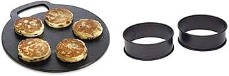 KitchenCraft Baking Stone with Non Stick Finish and Recipes in Gift Box, Round, Cast Iron, 27 cm x 6.5 mm & Egg Rings for Frying or Poaching Eggs, Omelettes and Mini Pancakes, Set of 2