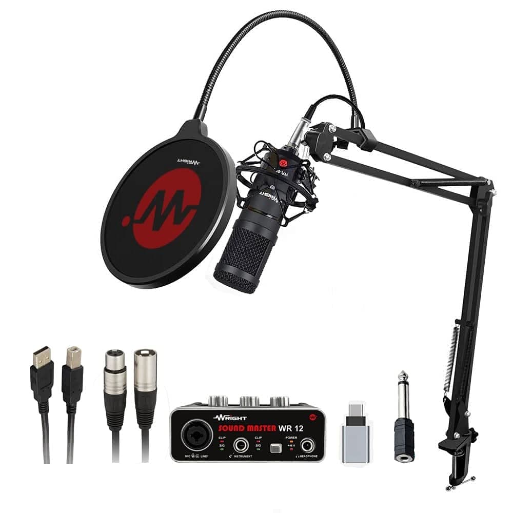 Wright WR BM 800 USB Condenser Microphone with Audio interface Mic Stand and POP Filter for Podcast and Studio Recording microphone Singing Condenser mic All Full Set Kit