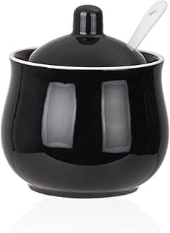 CHILDIKE Ceramic Sugar Bowl with Lid and Spoon, Black Porcelain Sugar Salt Pe...