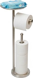 Freestanding Toilet Paper Holder with Shelf, Toilet Paper Stand with Storage for Holding Extra 4 Toilet Paper Rolls (Brushed Nickel)
