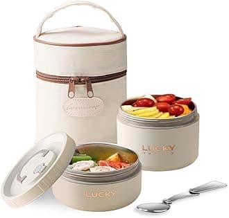 ArderLive Portable Insulated Lunch Container, Stackable Thermal Lunch Bento Box Set for Kids Adult Unisex, Beige 2Pcs 34oz