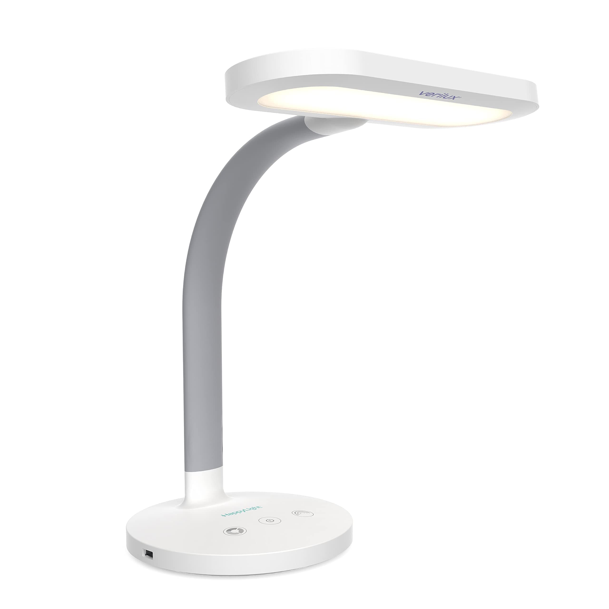 HappyLight Duo - 2-in-1 Light Therapy & Task Desk Lamp - UV-Free Full Spectrum LED, 10,000 LUX, Adjustable Brightness and Color, Flexible Gooseneck, and Integrated USB Charging Port
