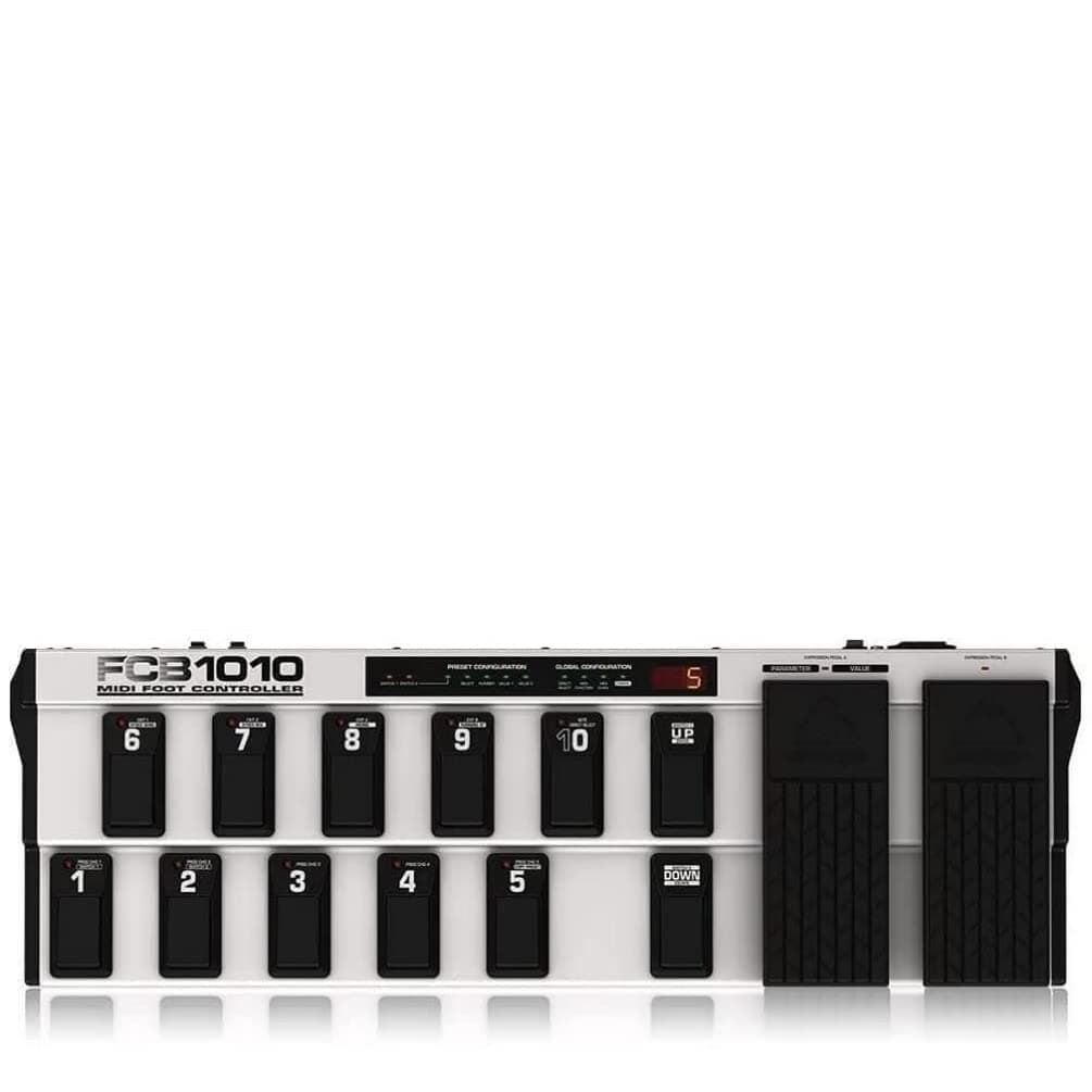 Behringer FCB1010 MIDI Foot Controller, 2 Expression Pedals, 10 Preset Banks, MIDI Merge, 5-Pin MIDI In/Out, 2 Relay Switch Jacks, Power Adapter Included