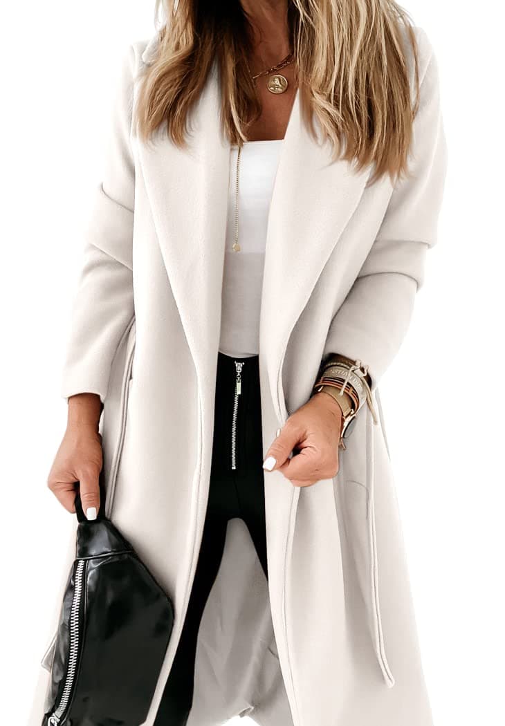 Womens Classic Coat Lapel Collar Open Front Belted Long Jacket
