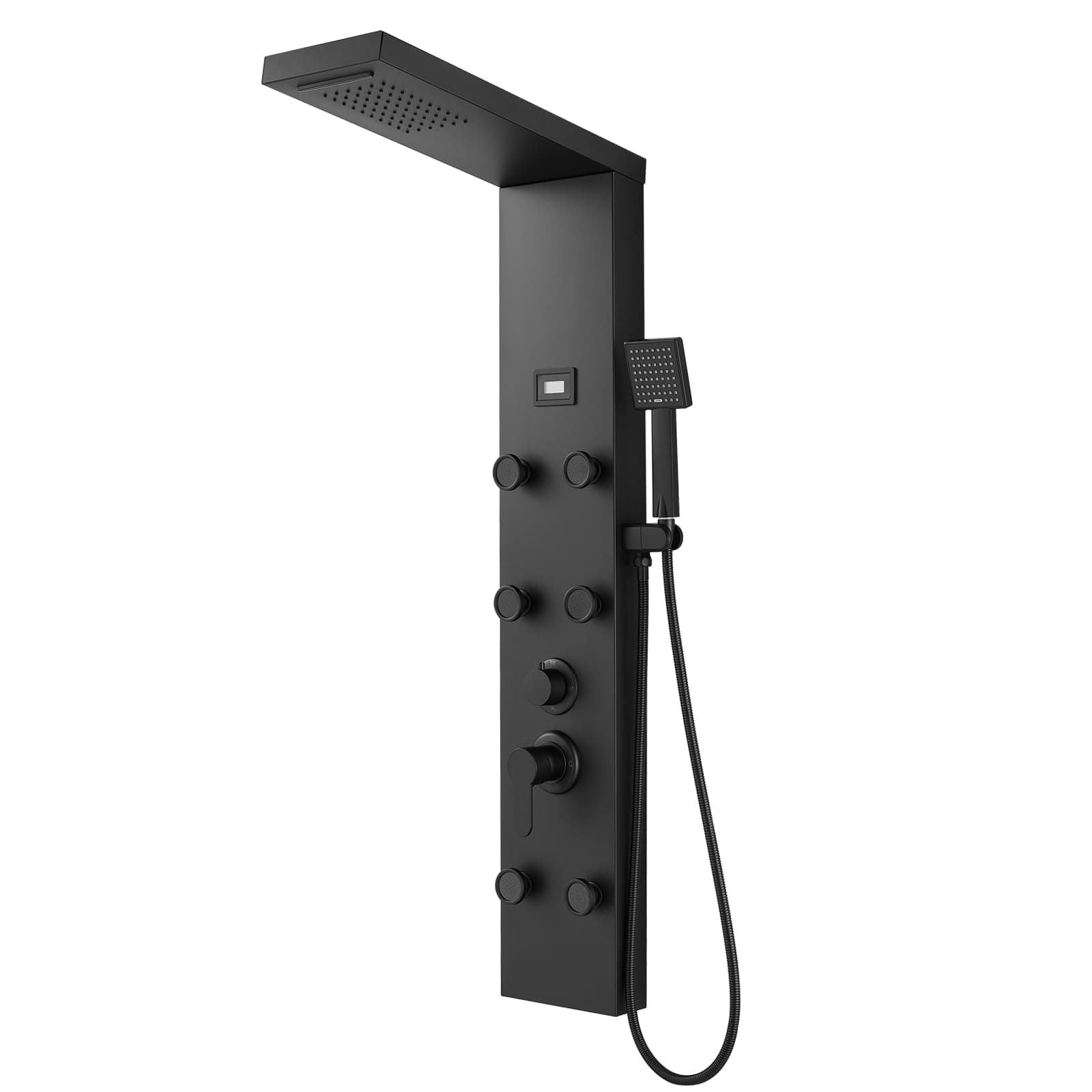 - ROVOGO 46.5" Shower Panel Tower System with Rainfall Waterfall Shower Head, 6 Body Jets, Handheld and Temp Display, Stainless Shower Column with Mixer Valve, All Black