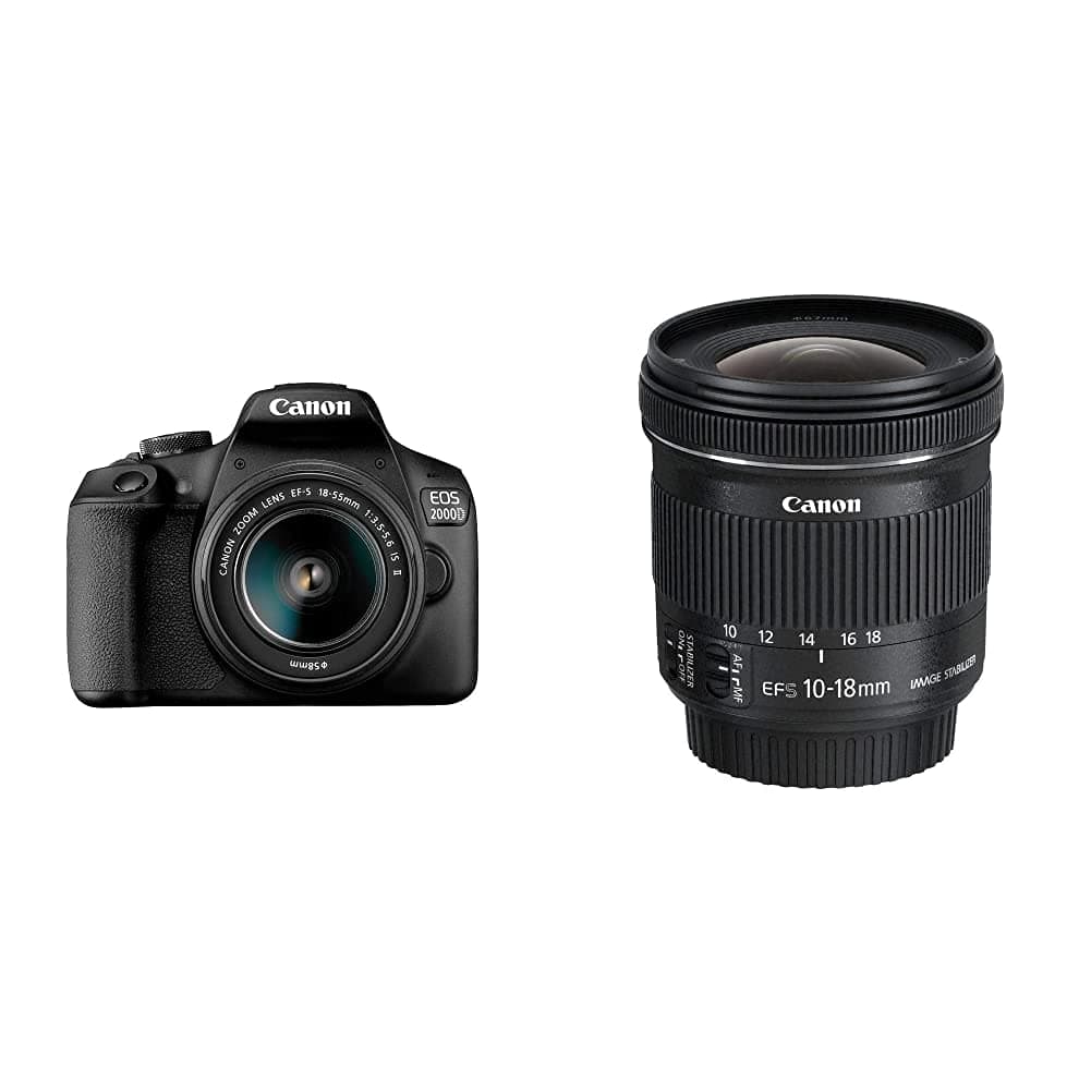 Canon EOS 2000D DSLR Camera and EF-S 18-55 mm f/3.5-5.6 IS II Lens, Black + Canon EF-S10-18mm f/4.5-5.6 IS STM Lens, Black