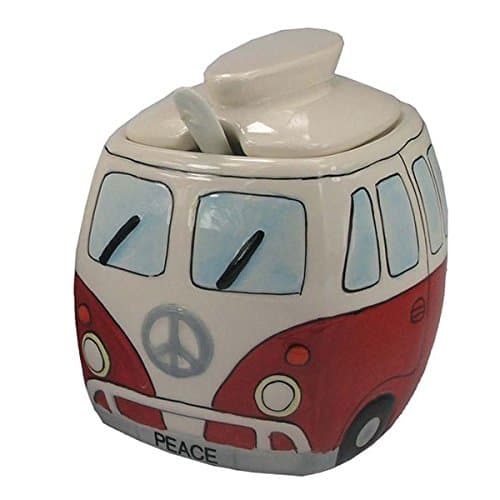 Ceramic Camper Sugar Dispenser Split Screen Camper Van Sugar Bowl with Lid & Spoon Red Color