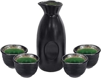 Sake Set Black Japanese 5 Pieces Traditional Japanese Saki Cups Set Hand Painted Design Porcelain Pottery Ceramic Soju Cup Sake Glasses Gifts (Sake Bottle 280 ml, Sake Cup 50ml)