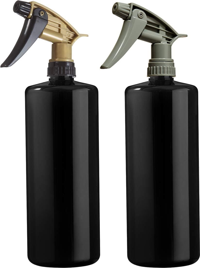 BAR5F Empty Plastic Spray Bottles 32 Oz, Black Bottles with Grey and Black/Gold Sprayers Set, Adjustable Head Sprayer from Fine to Stream