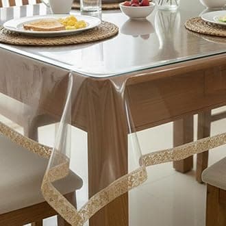 STITCHNEST Polyvinyl Chloride PVC Transparent 6 Seater Dining Table Cover with Gold Lace, (54X78 Inches), Rectangular