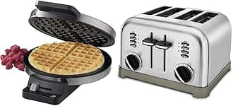 Cuisinart WMR-CAP2 Round Classic Waffle Maker, Brushed Stainless,Silver & 4 Slice Toaster Oven, Brushed Stainless, CPT-180P1