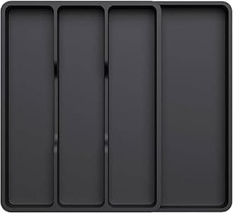 Utensil Organizer for Kitchen Drawer, Expandable Cooking Silverware Tray, Adjustable Cutlery Flatware Holder, Plastic Spatula Tools Storage Divider, 17.3 x 15.8", Black