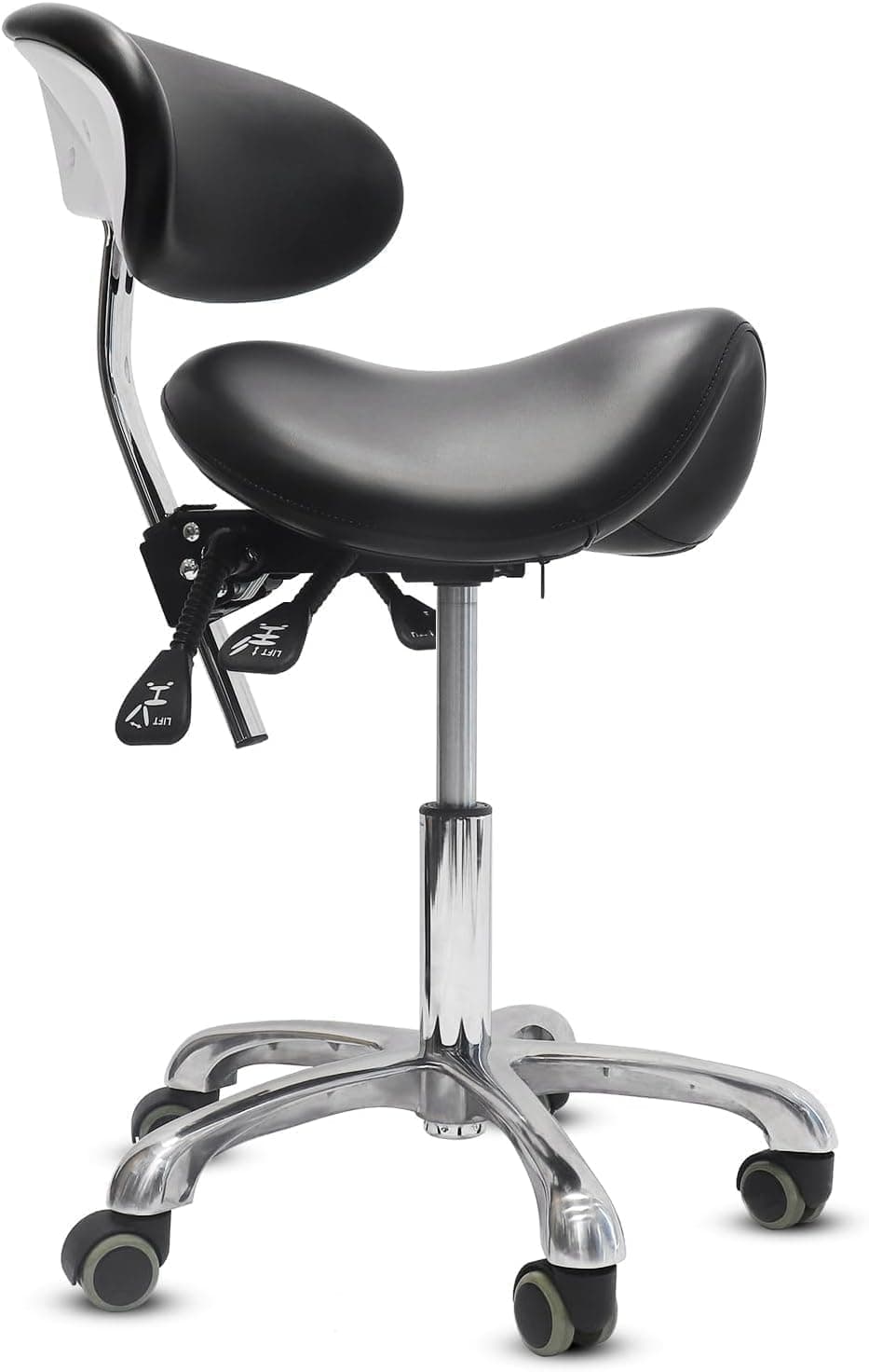 Saddle Stool with Wheels,3-Way Function Rolling Stool with Back Support,Ergonomic Stool Saddle Stool for Hair Stylist for Dentist Salon Tattoo(Black)