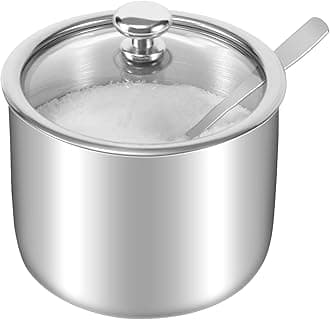 Stainless Steel Sugar Bowl with Lid and Spoon, Serving Dish, Clear Glass Lid, Storage for Salt, Candy, Coffee, Holds 2 Cups, Dishwasher Safe (B)